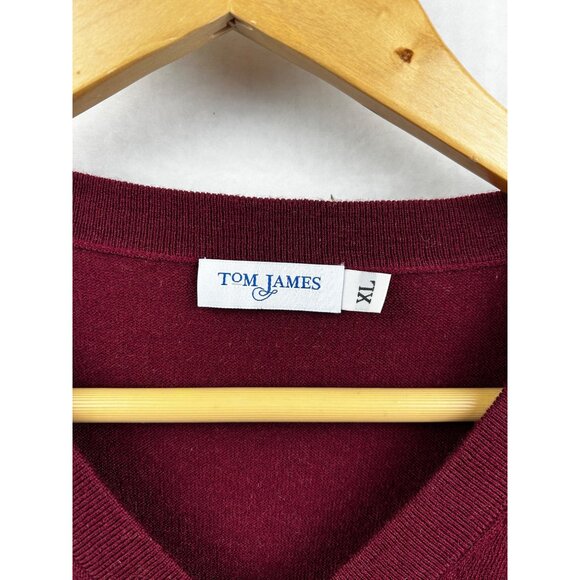 Tom James Sweater Mens XL 100% Merino Wool Burgundy Classic Knit Fall Winter - Picture 3 of 6